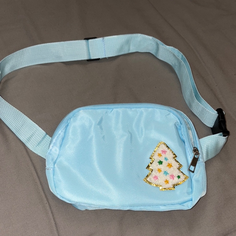 Light Blue Belt Bag with Festive Tree Design